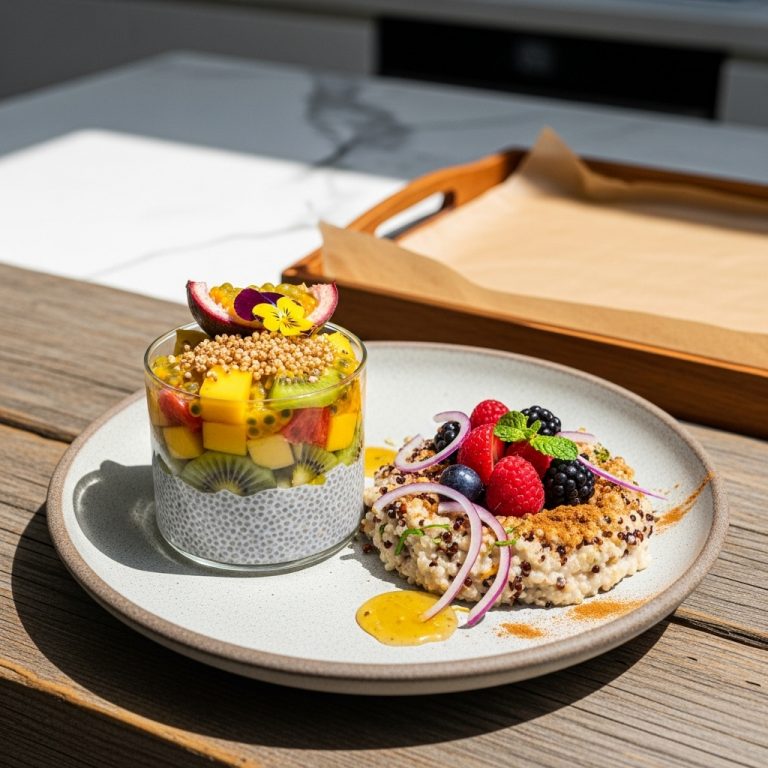 Mouthwatering Vegan Peruvian Breakfast: Chia Pudding and Quinoa Porridge with Tropical Fruit Salad