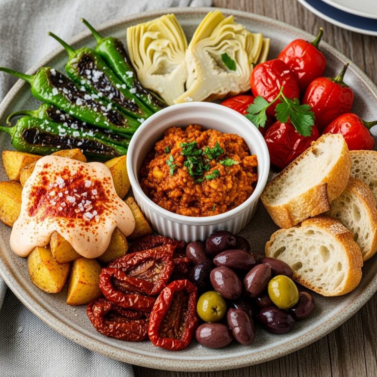 “Mouthwatering Vegan Spanish Tapas Platter with Aromatic Almond Romesco Sauce”