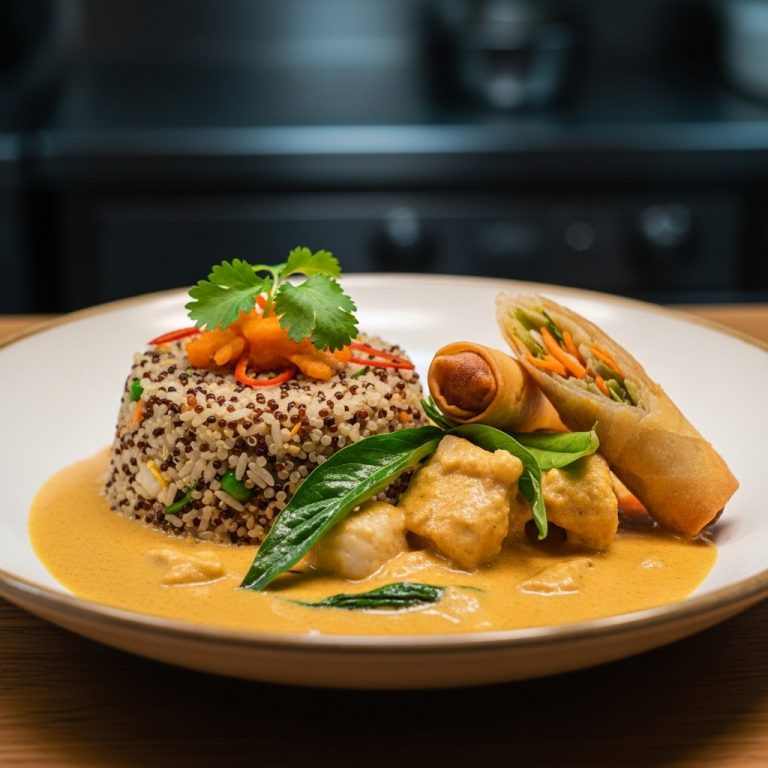 “Mouthwatering Thai Green Curry Chicken with Coconut Rice and Crispy Spring Rolls”