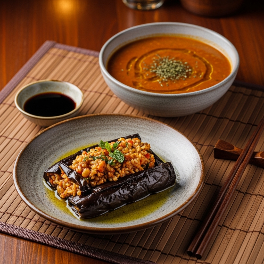 “Mouthwatering Vegan Turkish Dinner: Eggplant Dolma & Lentil Soup”