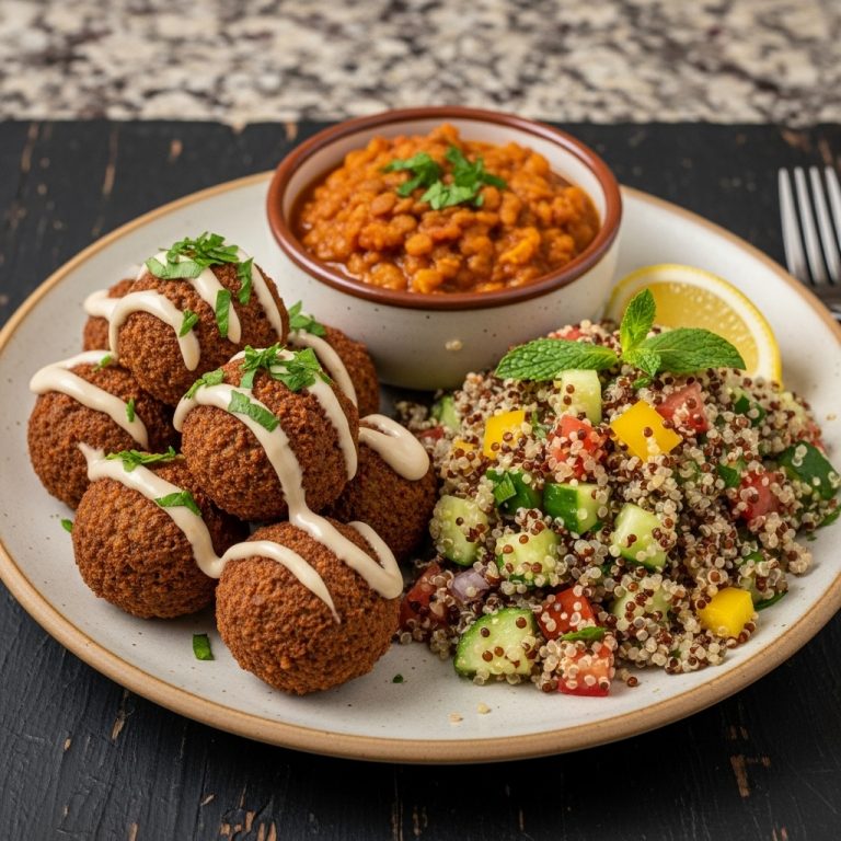 “Mouthwatering Vegan Turkish Dinner: Falafel, Lentil Stew & Quinoa Salad”