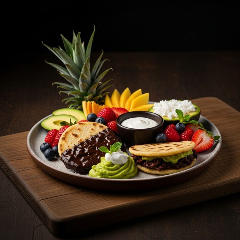 Mouthwatering Vegan Venezuelan Brunch: Aromatic Tropical Fruit Platter with Chocolate-Dipped Arepas and Coconut-Avocado Crema