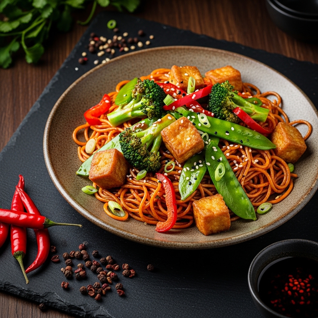 Mouthwatering Vegetarian Chinese Feast: Stir-Fried Tofu & Veggie Delight with Szechuan Noodles