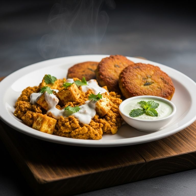 Mouthwatering Vegetarian Indian Breakfast: Creamy Paneer Bhurji & Crispy Aloo Tikki with Tangy Mint Chutney
