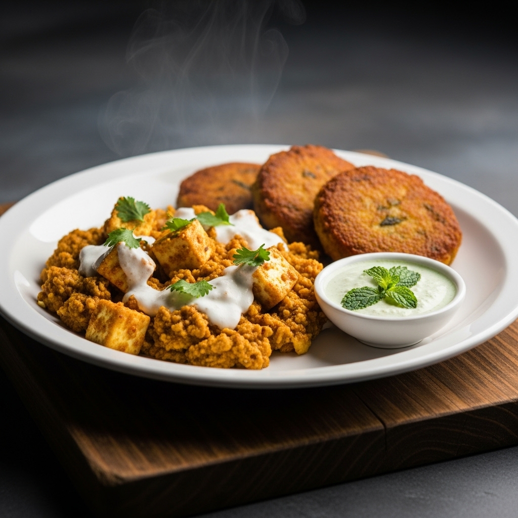 Mouthwatering Vegetarian Indian Breakfast: Creamy Paneer Bhurji & Crispy Aloo Tikki with Tangy Mint Chutney