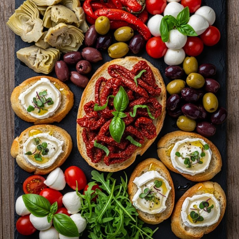Mouthwatering Vegetarian Italian Antipasto Platter with Sun-Dried Tomato Bruschetta and Goat Cheese Crostini