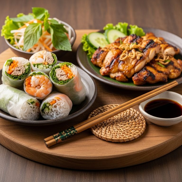 Mouthwatering Vietnamese Lunch Feast: Fresh Rice Paper Rolls & Fragrant Lemongrass Chicken