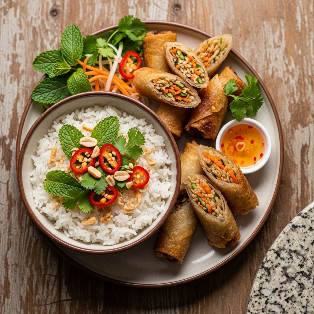 “Mouthwatering Vietnamese Vegetarian Dinner: Crunchy Spring Rolls & Creamy Coconut Rice Bowl”