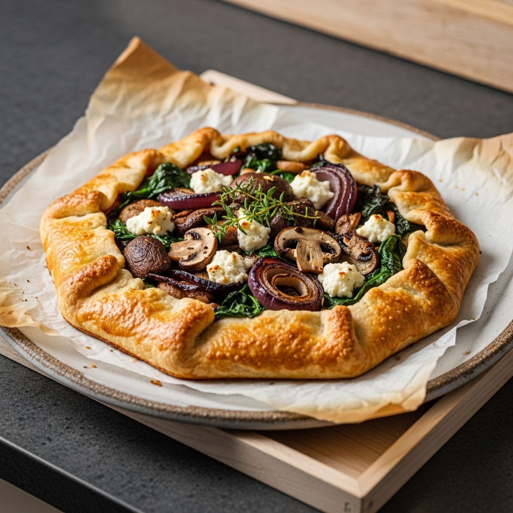 Mushroom and Goat Cheese Galette with Spinach and Caramelized Onion