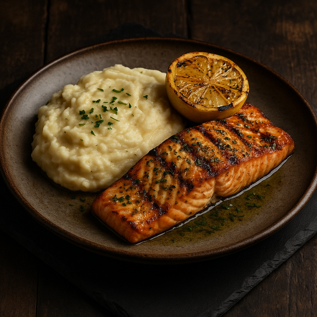 New Zealand Dinner Delight: Grilled Lemon Herb Salmon & Creamy Garlic Mashed Potatoes