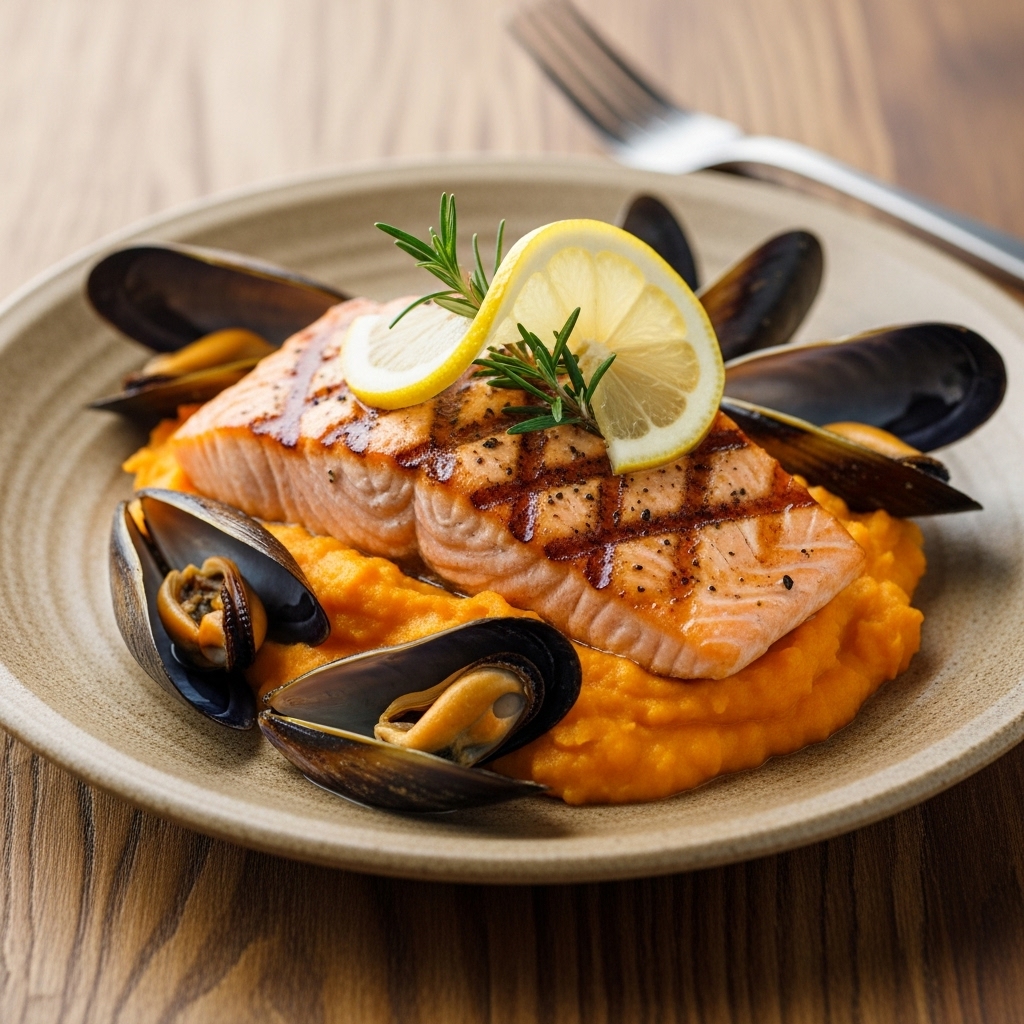 New Zealand Seafood Medley: Grilled Lemon Herb Salmon & Steamed Mussels on Creamy Mashed Sweet Potatoes