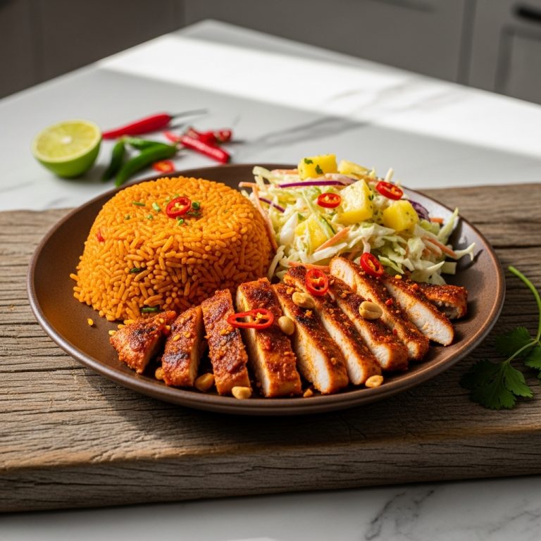 Nigerian Delight: Spicy Jollof Rice, Suya-Spiced Chicken, and Pineapple Coleslaw