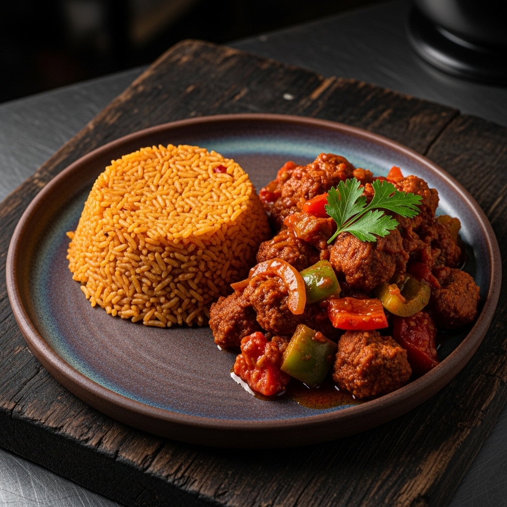 Nigerian Vegan Chicken-Style Stew with Plant-Based Protein and Jollof Rice