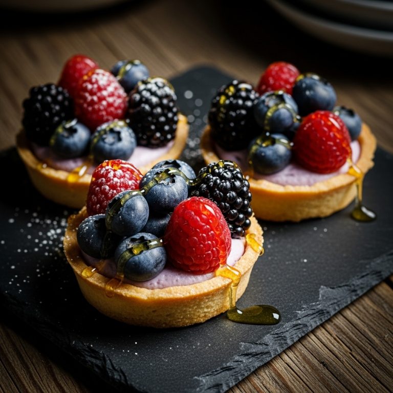 Nordic Forest Berry Cheesecake Tartlets with Lavender Honey Drizzle