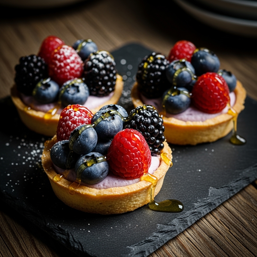 Nordic Forest Berry Cheesecake Tartlets with Lavender Honey Drizzle