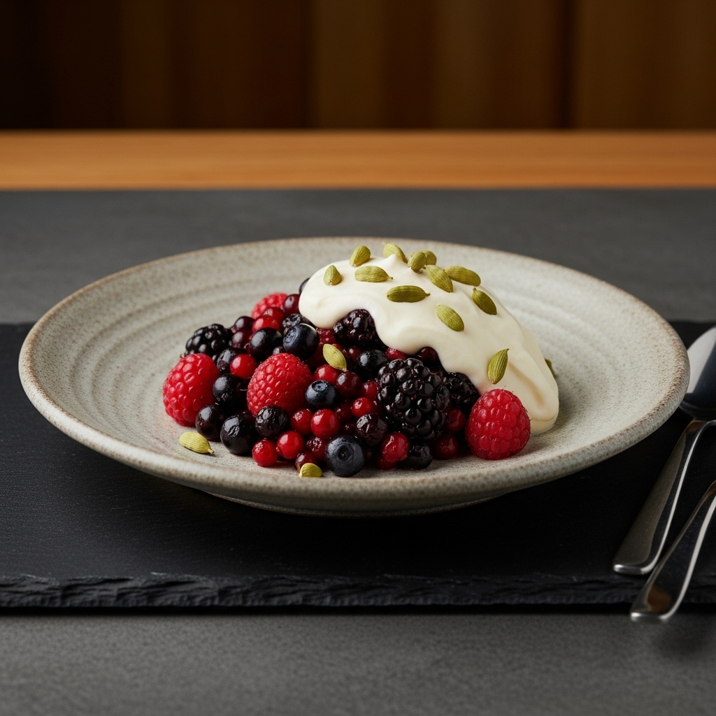 Nordic Forest Berry Compote with Cardamom-Infused Vanilla Cream