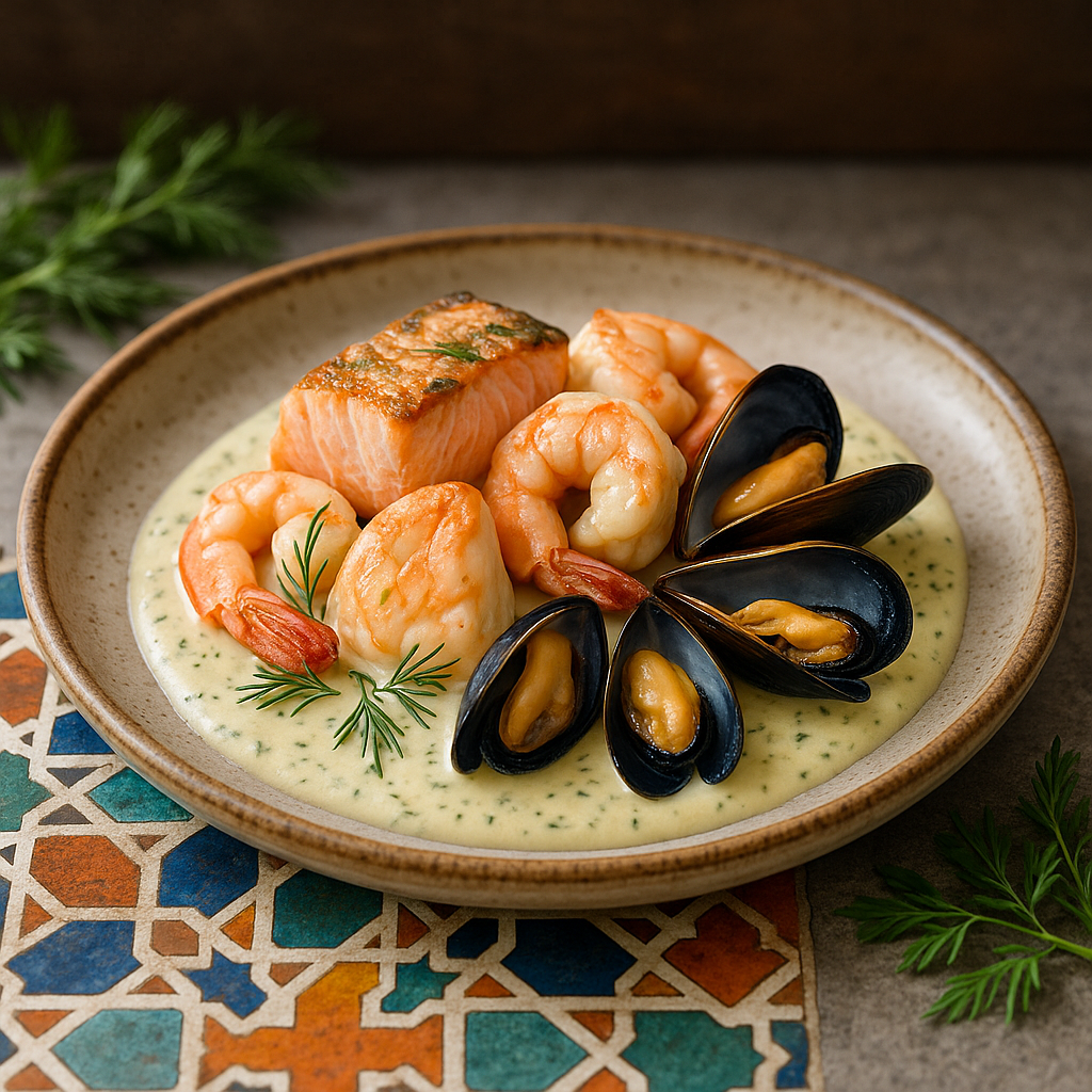 Nordic Seafood Medley on a Bed of Creamy Lemon Dill Sauce