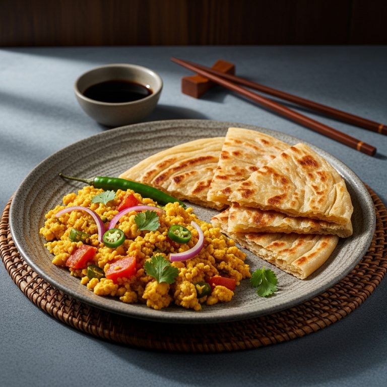 “Pakistani Breakfast Delight: Aromatic Spiced Scrambled Eggs with Lahori Paratha”