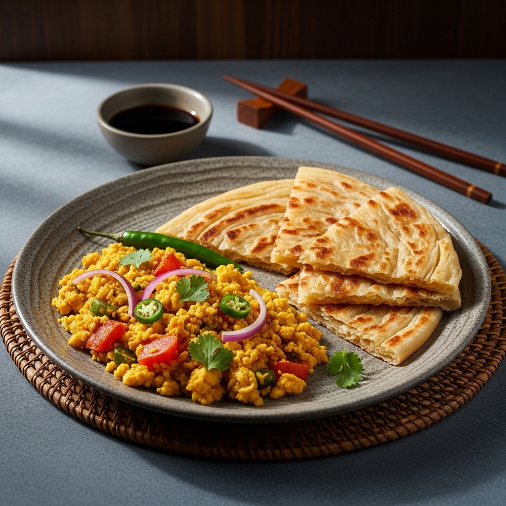 “Pakistani Breakfast Delight: Aromatic Spiced Scrambled Eggs with Lahori Paratha”