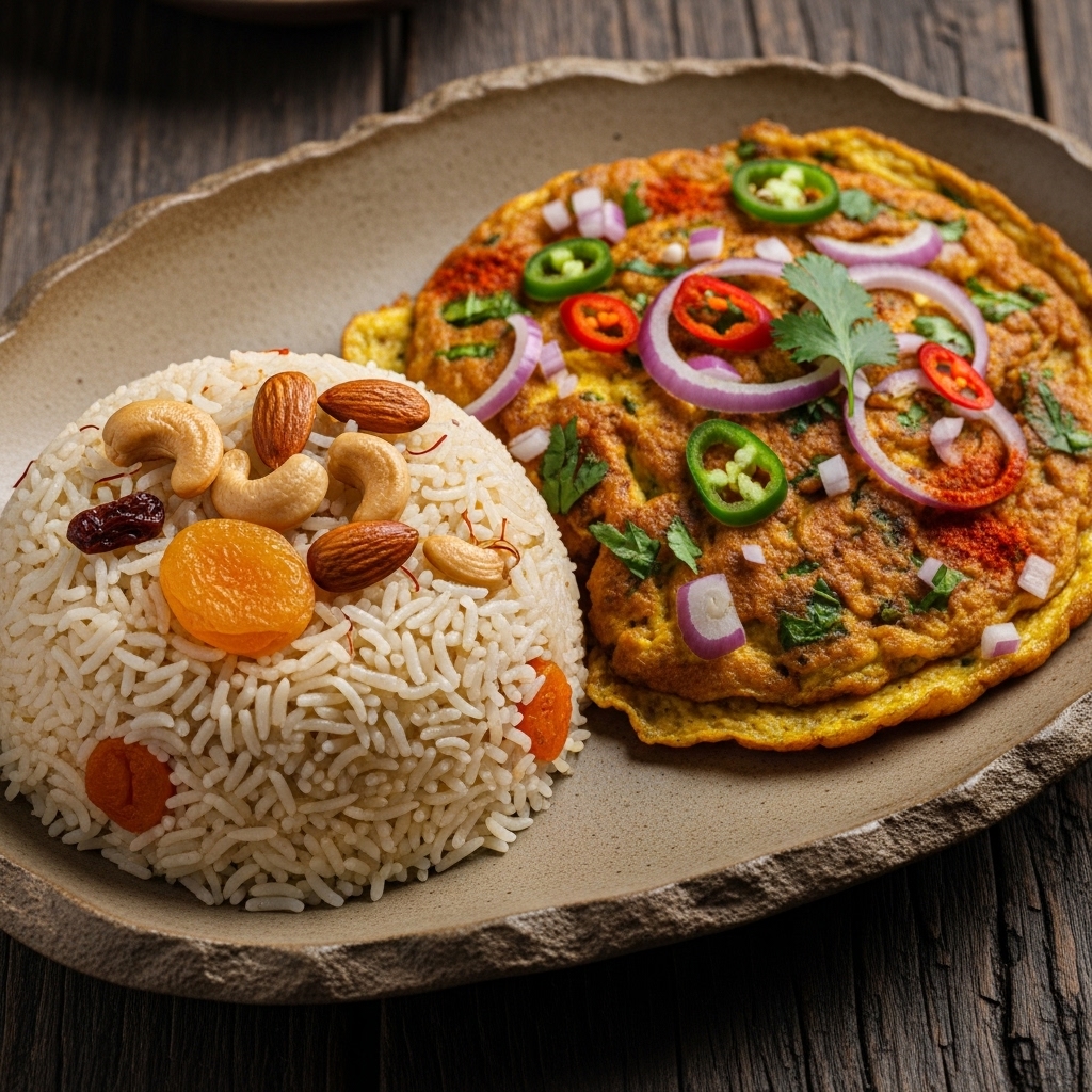 Pakistani Vegetarian Breakfast Feast: Aromatic Shahi Pulao & Spicy Masala Omelette