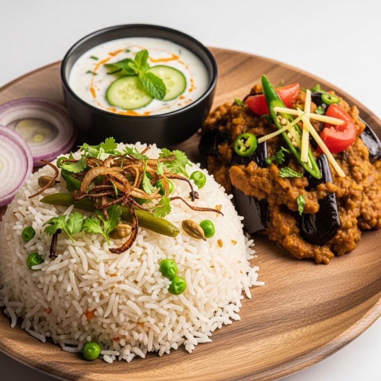 Pakistani Vegetarian Feast – Aromatic Pulao, Spicy Baingan Bharta, and Tangy Raita