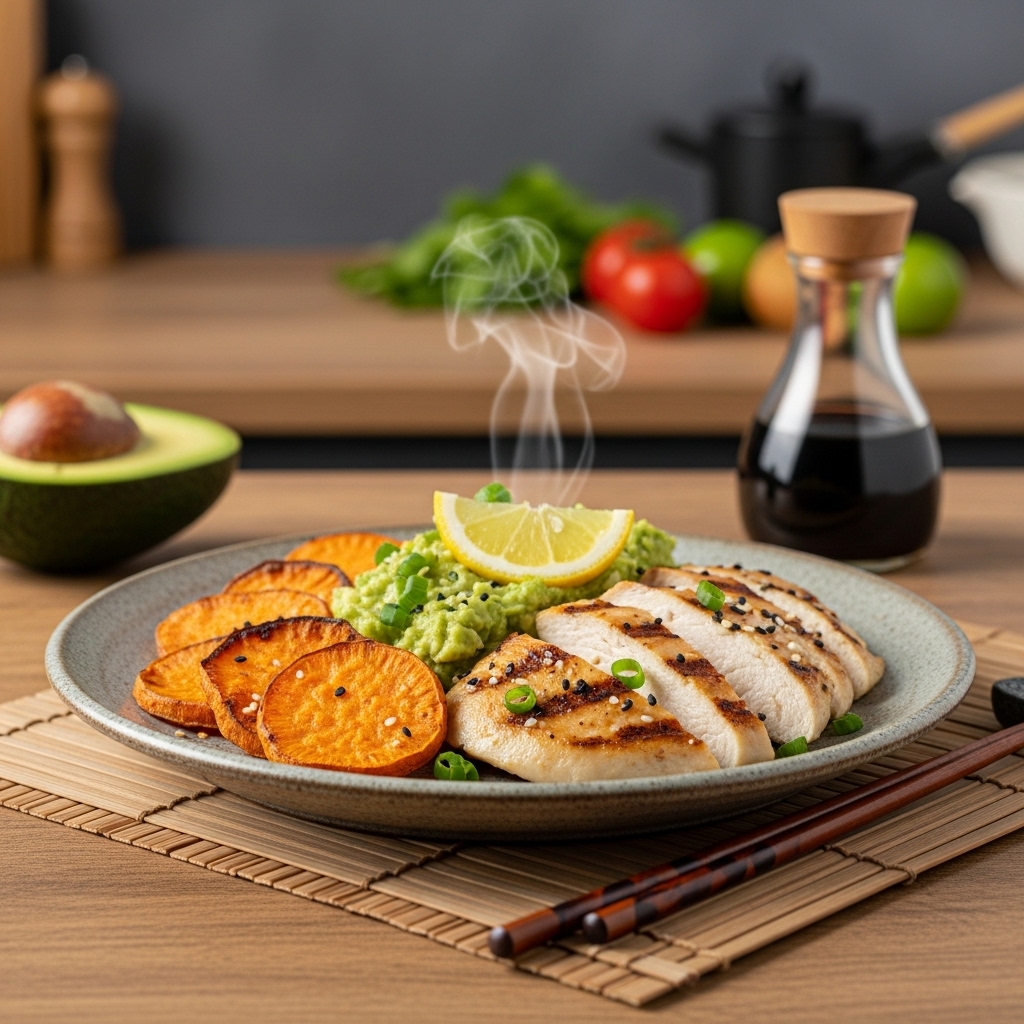 Paleo Australian Avocado Smash with Grilled Lemon Herb Chicken & Crispy Sweet Potato Rounds