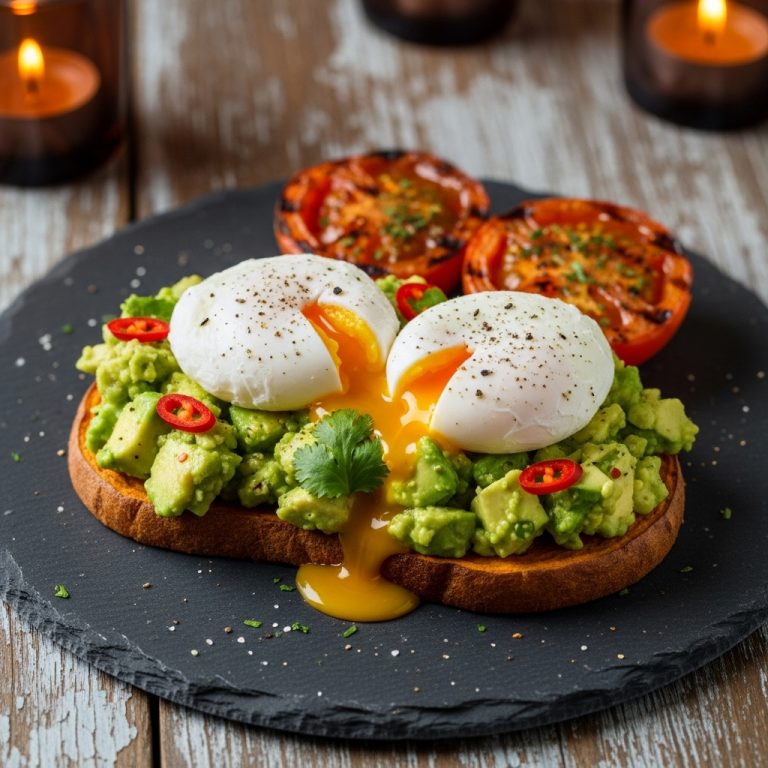 Paleo Australian Avocado Smash with Poached Eggs & Grilled Tomatoes