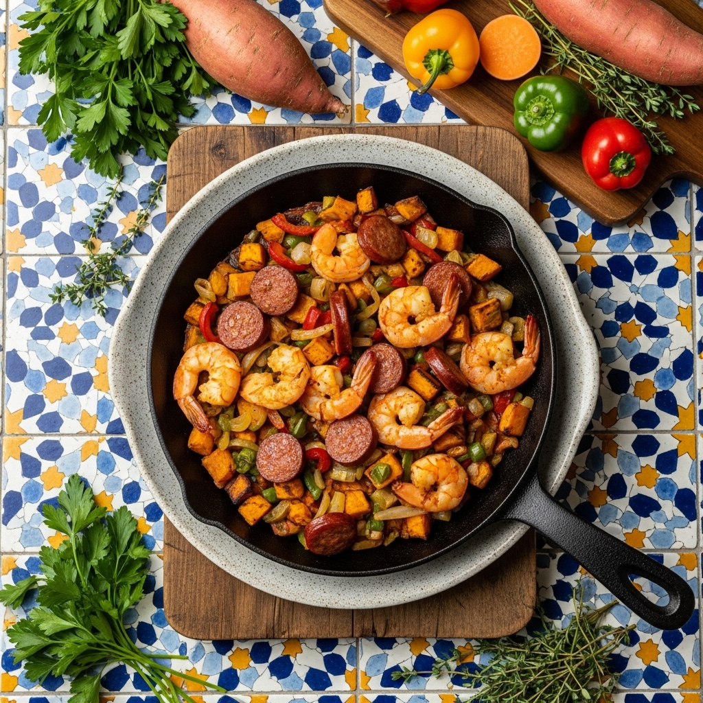 Paleo Cajun Brunch: Shrimp & Andouille Sausage Skillet with Roasted Sweet Potato Hash