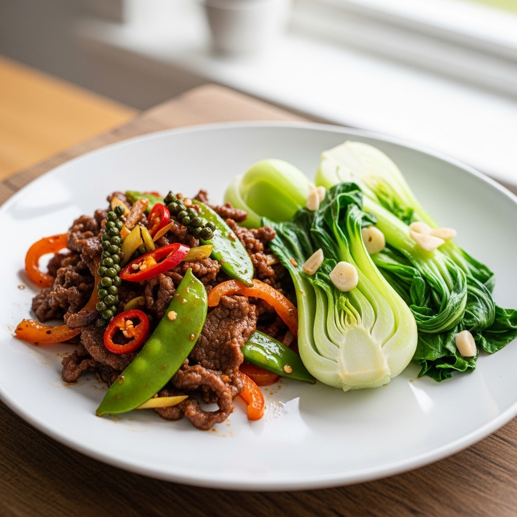 Paleo Chinese Lunch: Spicy Szechuan Beef Stir-Fry & Garlic Bok Choy