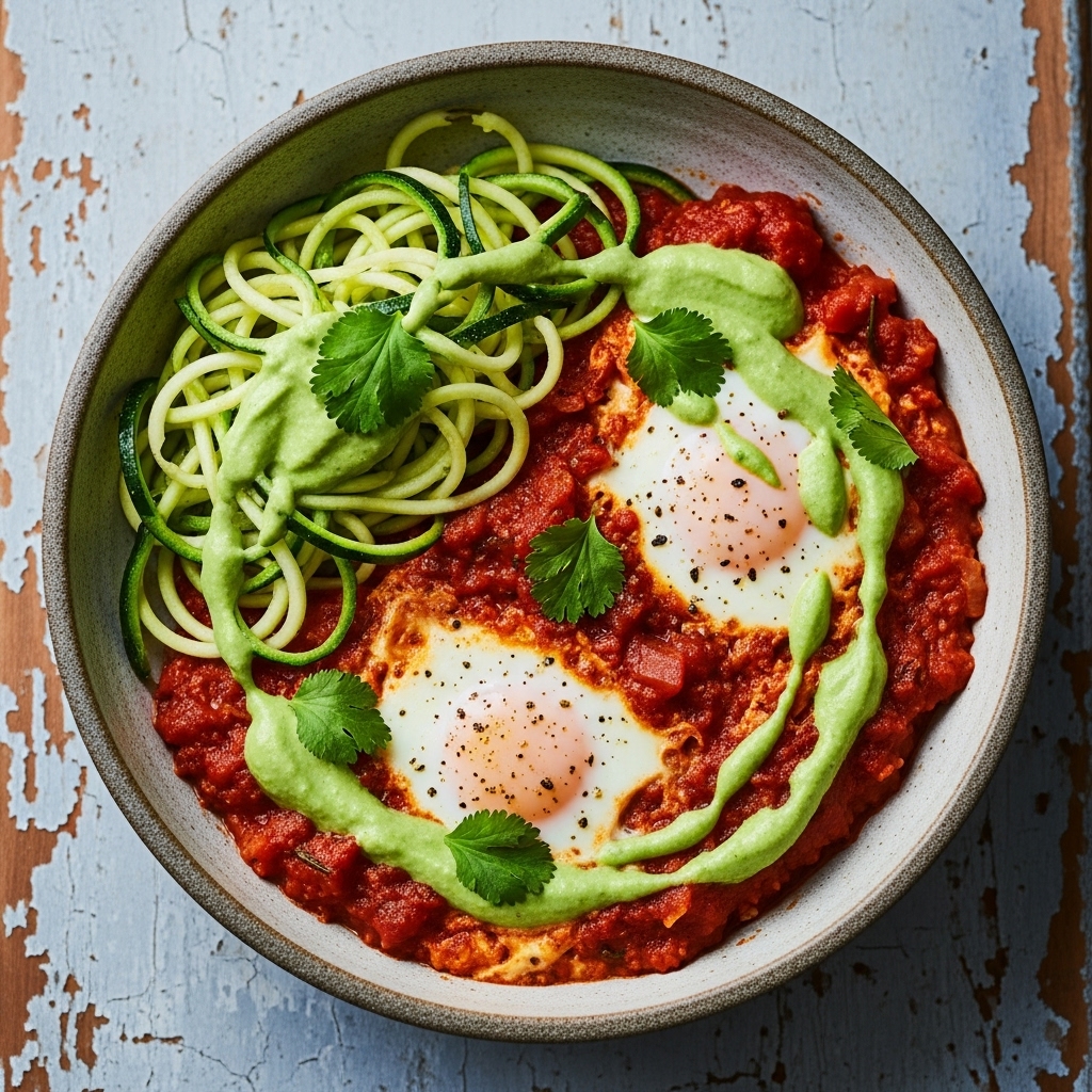 Paleo Egyptian Brunch: Spiced Shakshuka with Zucchini Noodles & Cilantro-Lime Avocado Sauce