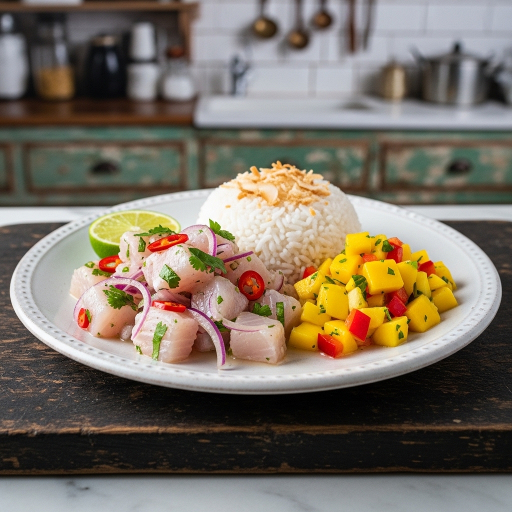 Paleo Filipino Tilapia Ceviche with Coconut Rice and Mango Salsa