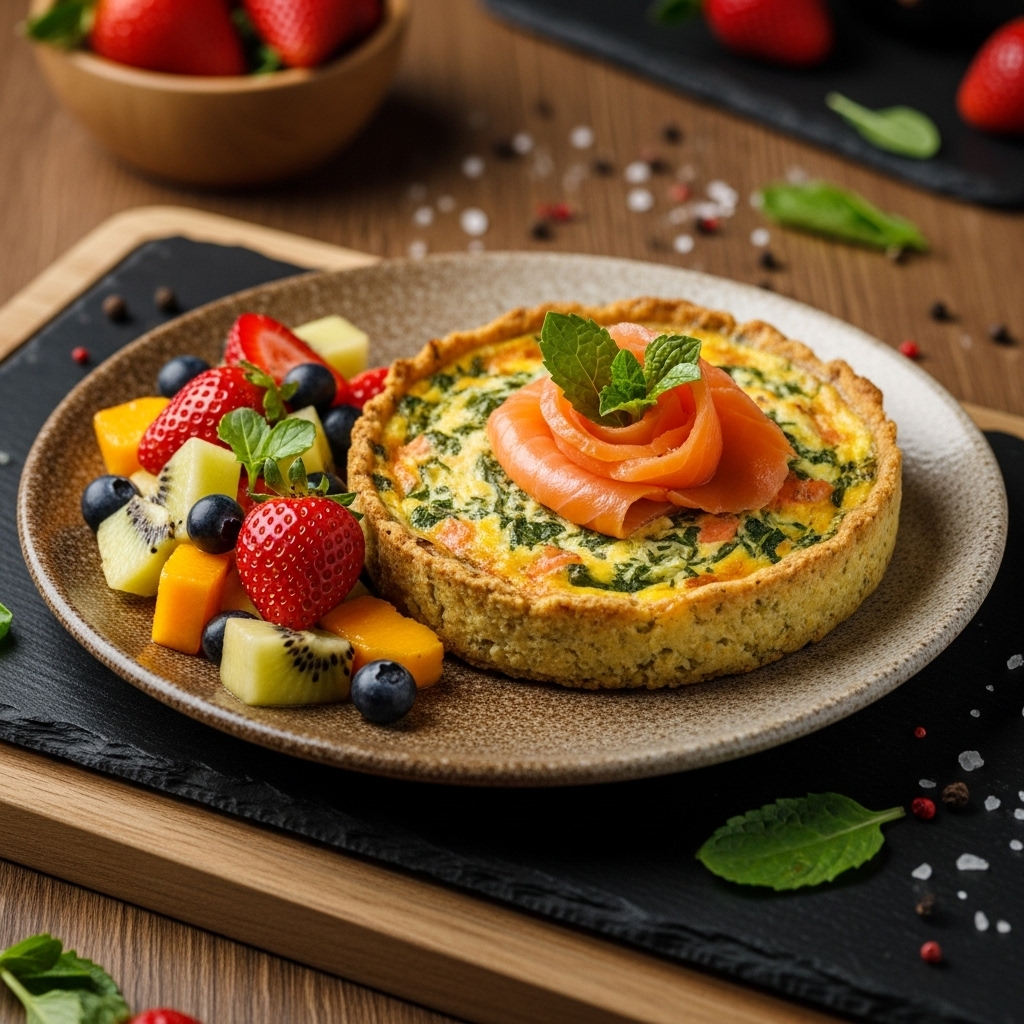 Paleo French Brunch Delight: Herb-Infused Smoked Salmon Quiche with Cauliflower Crust & Fresh Fruit Medley