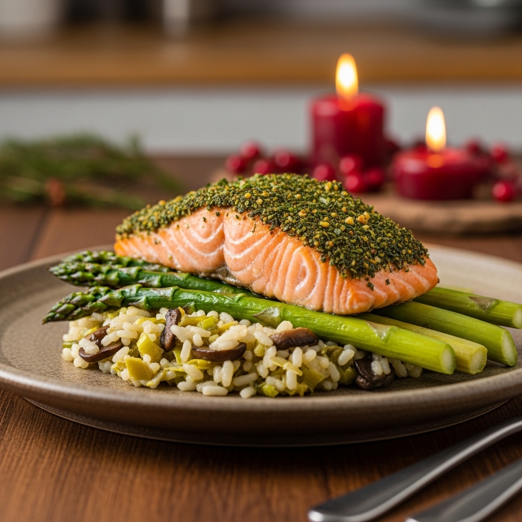 Paleo French Snack: Delectable Herb-Crusted Salmon on Leek & Mushroom Risotto with Roasted Asparagus Spears