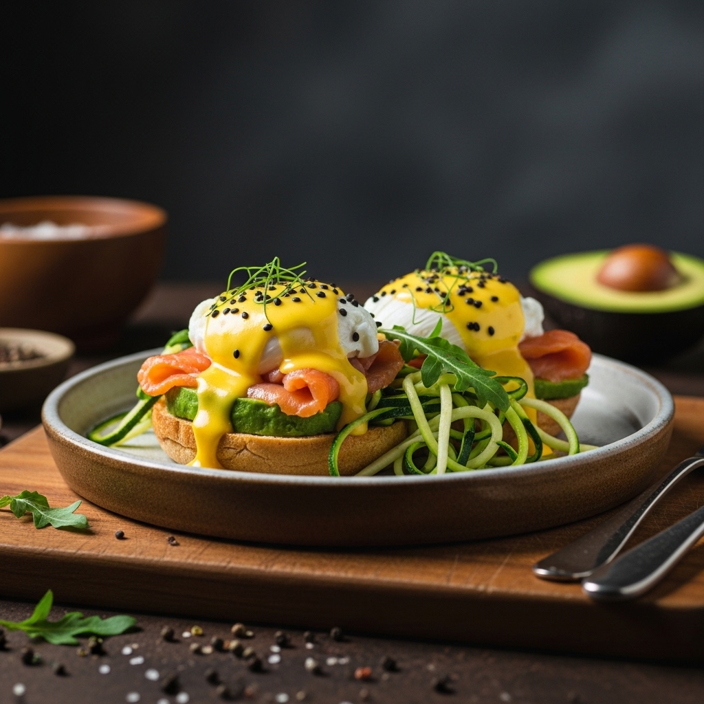 “Paleo-Friendly American Breakfast Feast: Scrumptious Eggs Benedict with Smoked Salmon & Avocado Over Zucchini Noodles”