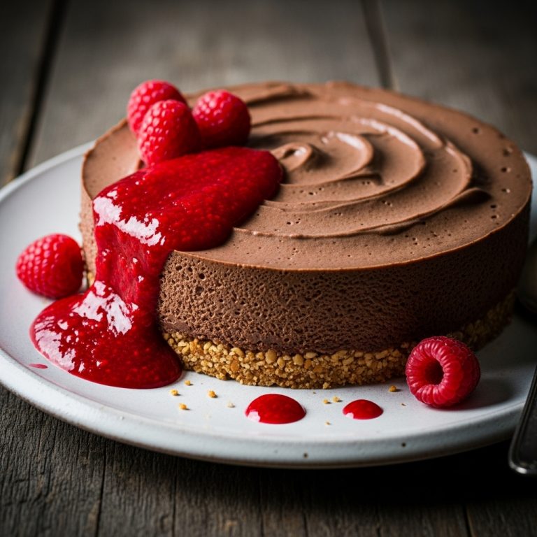 Paleo-Friendly Chocolate Mousse Torte with Raspberry Coulee and Toasted Almond Crust