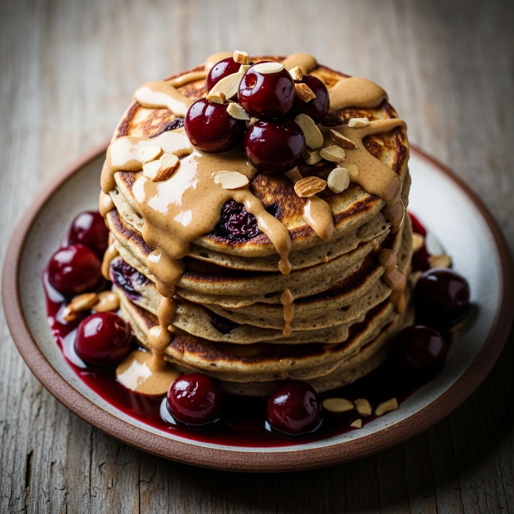 Paleo German Black Forest Cherry Coconut Flour Pancakes with Almond Butter Drizzle