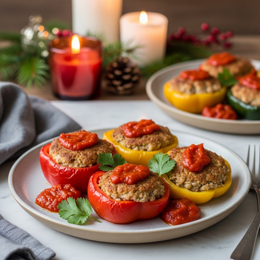 “Paleo Ghanaian Brunch Feast: Succulent Plantain-Stuffed Peppers with Spicy Red Pepper Sauce”