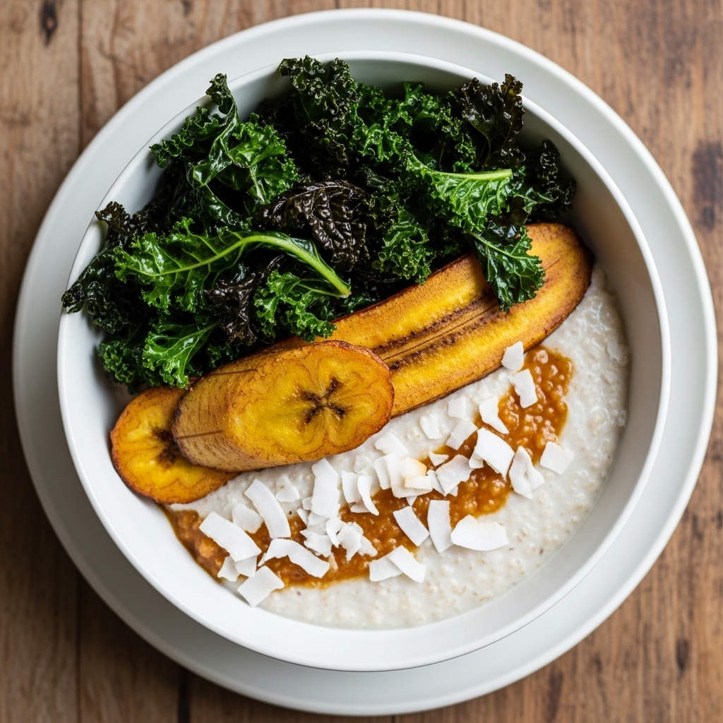 Paleo Ghanaian Brunch: Plantain and Coconut Porridge Bowl with Smoky Kale