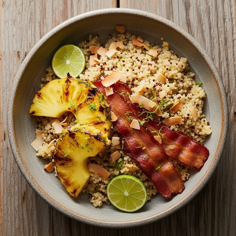 Paleo Hawaiian Breakfast Bowl with Coconut-Lime Quinoa, Grilled Pineapple, and Bacon