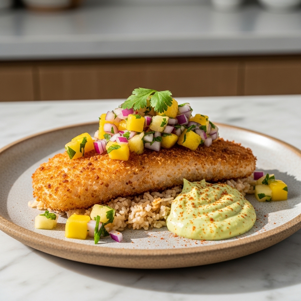 Paleo Hawaiian Brunch: Coconut-Crusted Mahi Mahi with Tropical Salsa and Avocado Crema