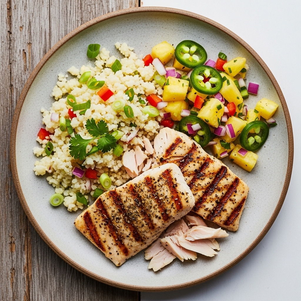 Paleo Hawaiian Lunch: Grilled Mahi-Mahi with Cauliflower Rice & Pineapple Salsa
