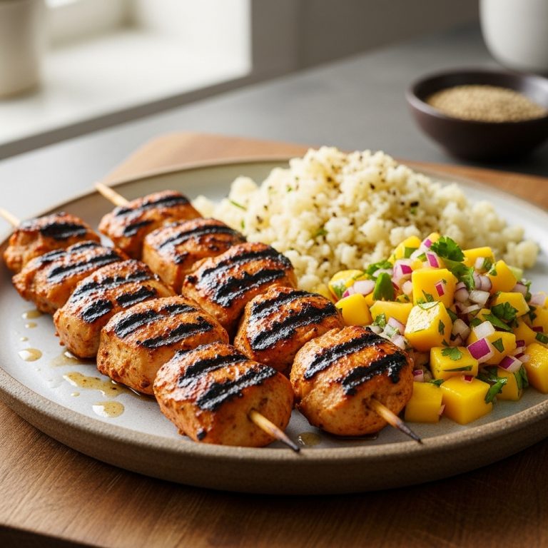 Paleo Hawaiian Snack – Succulent Grilled Chicken Skewers with Mango Salsa and Cauliflower Rice