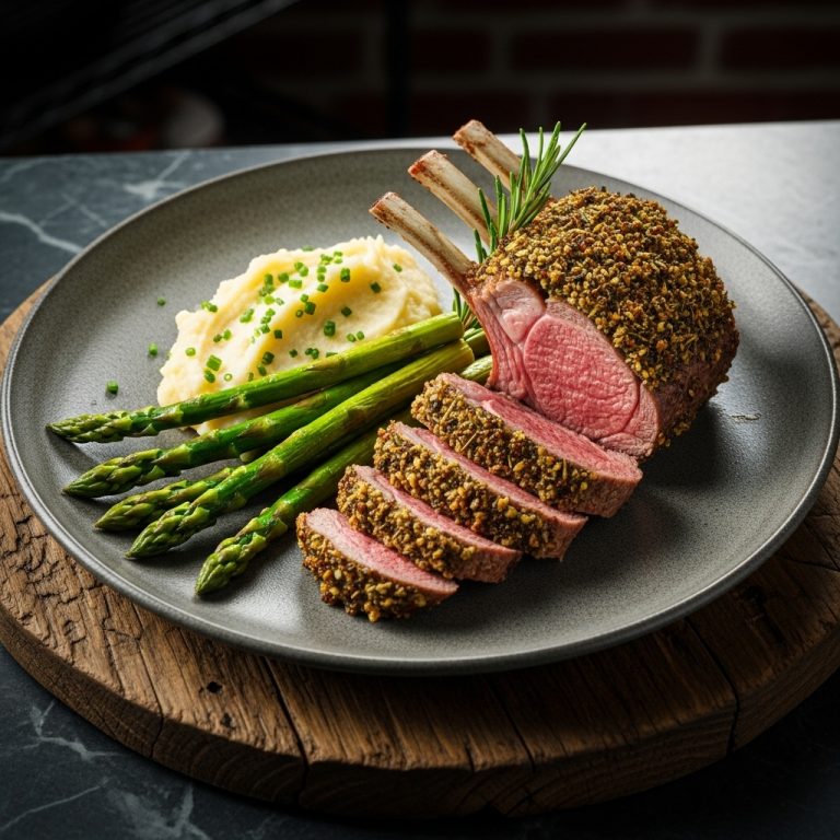 Keto-Friendly Herb-Crusted Rack of Lamb with Garlic Mashed Cauliflower and Roasted Asparagus