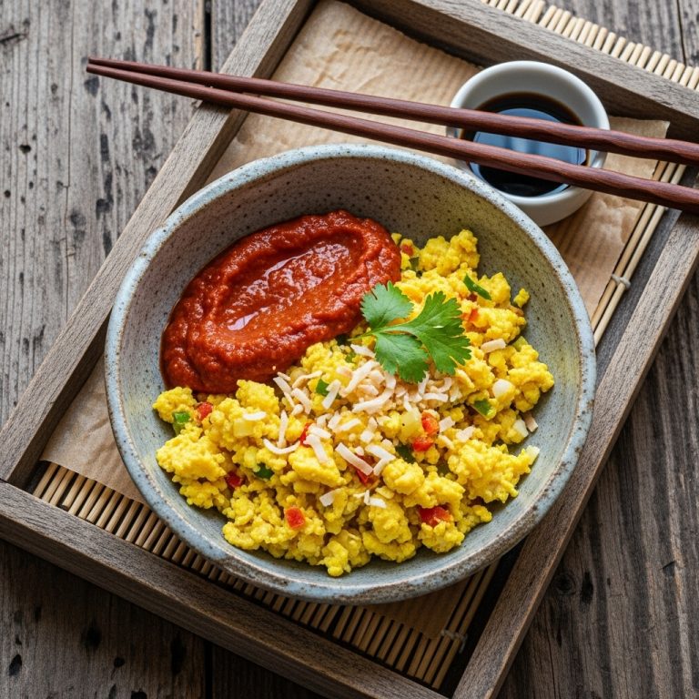 “Paleo Indian Breakfast: Coconut Turmeric Scramble with Spicy Tomato Chutney”