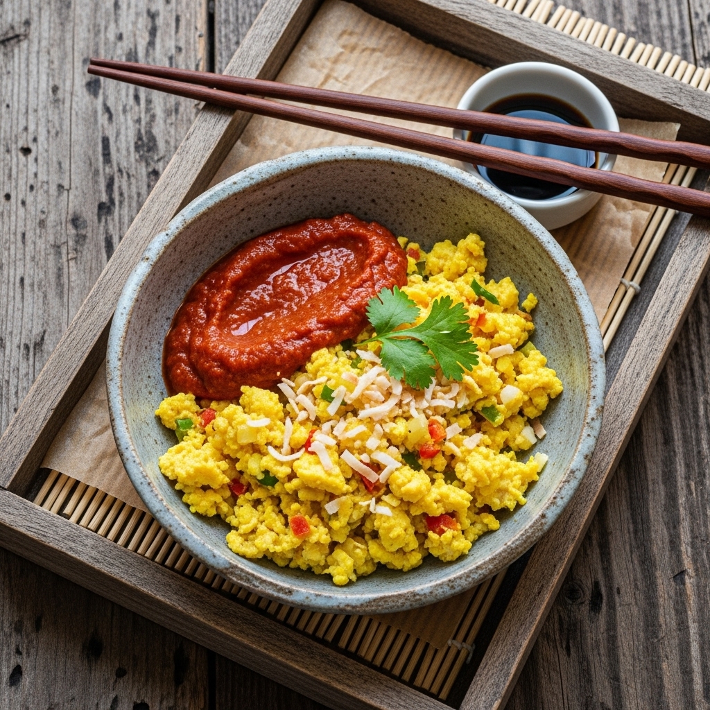 “Paleo Indian Breakfast: Coconut Turmeric Scramble with Spicy Tomato Chutney”