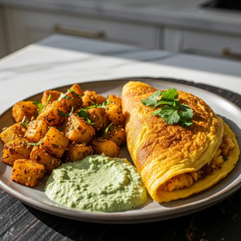 Paleo Indian Breakfast Omelette with Spiced Potatoes & Cilantro-Mint Chutney