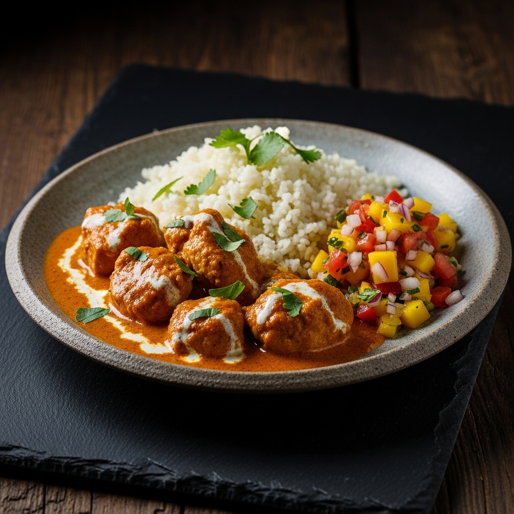 Paleo Indian Chicken Curry with Cauliflower Rice and Spiced Mango Salsa