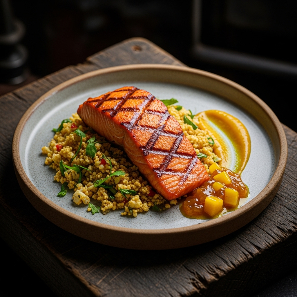 Paleo Indian Tandoori Salmon with Spiced Cauliflower Rice and Mango Chutney