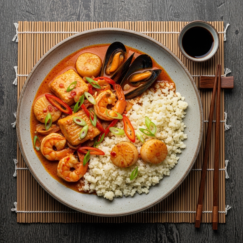Paleo Indonesian Seafood Curry with Cauliflower Rice and Spicy Coconut Sauce