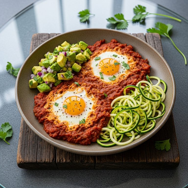 Paleo Israeli Brunch Shakshuka with Zucchini Noodles and Avocado Salsa